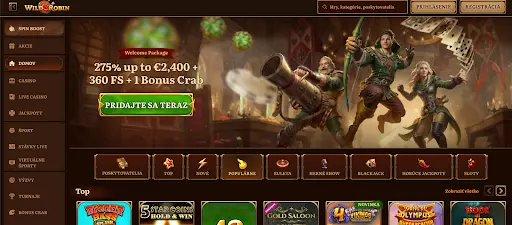 Domovská obrazovka kasína Wild Robin – úvodný banner s uvítacím bonusom 275 % do 2400 €, 360 freespinmi a bonusovým krabom. Postavy v štýle Robin Hooda, menu hier a navigácia vľavo.