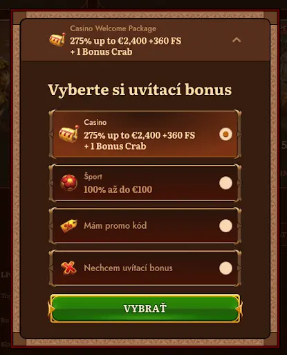 Výber uvítacieho bonusu: kasíno balík 275 % až do €2,400 + 360 zatočení + 1 Bonus Crab alebo športový bonus 100 % až do €100.