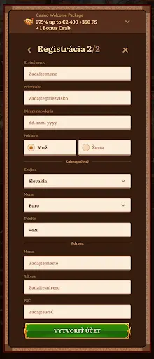 Druhý krok registrácie – formulár na zadanie mena, priezviska, dátumu narodenia, pohlavia, krajiny, meny, telefónneho čísla a adresy.