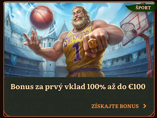 Športový hrdina v basketbalovom drese Sherwood hádže loptu na kôš a ukazuje prsteň – promo obrázok bonusu za prvý vklad do 100 €.
