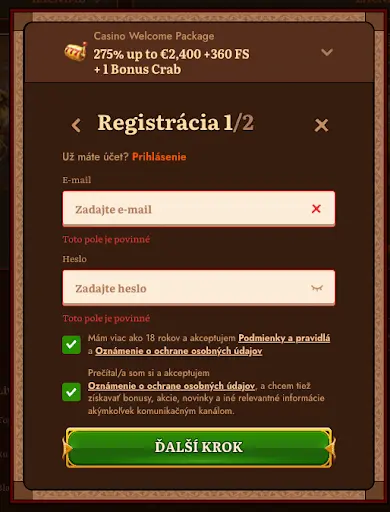 Formulár registrácie do kasína – krok 1 z 2, zadanie e-mailu a hesla, potvrdenie veku a súhlasu s podmienkami.