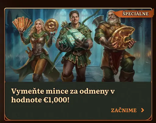 Trojica dobrodruhov držiacich zlaté mince, bonusové karty, hotovosť a pokladový štít v stredovekej sieni.
